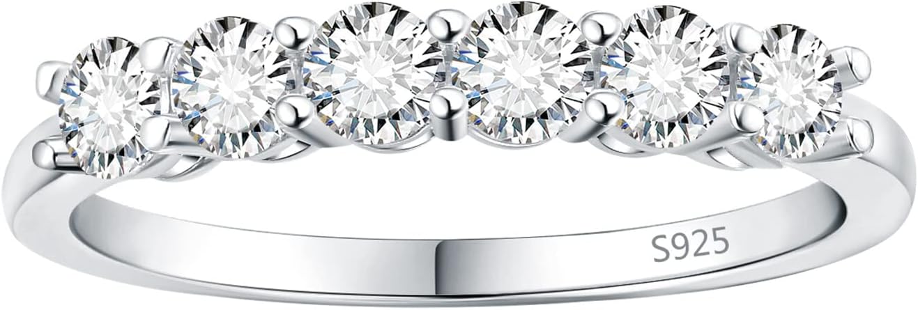 JewelryPalace 6 Stone Cubic Zirconia Half Eternity Stackable Wedding Rings for Women, 14K White Yellow Rose Gold Plated 925 Sterling Silver Promise Rings for Her, Simulated Diamond Wedding Band Ring