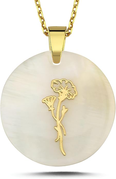 ONTHOLOGIE Birth Month Flower Necklace on Natural Mother of Pearl, 925K Sterling Silver Pendant Birth Flower Necklace, Personalized Birth Month Jewelry, Meaningful Gift for Women