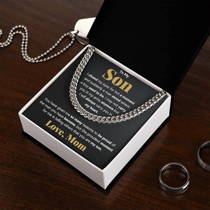 FG Family Gift Mall To My Son From Mom, Son Gifts From Mom and Dad, Mother and Son Necklace, Birthday Gift For My Son Graduation Christmas Cuban Link Chain Necklace Present