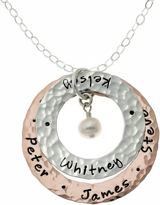 AJ's Collection Happy Family Mixed Metal Washers Necklace With Customizable Sterling Silver, 14k Gold, and Rose Gold Plated Washers. Includes Sterling Silver Cable, Box, or Ball Chain