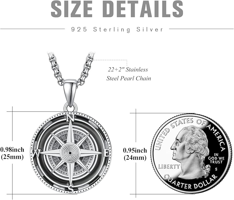 KINGWHYTE Compass Necklace for Men 925 Sterling Silver Birthday Gifts Graduation Travel Jewelry for Husband Brother with Stainless Steel Chain