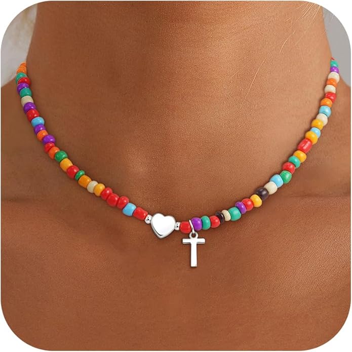 Colorful Initial Necklaces for Girls Women Kids - Teen Girls Gifts Trendy Stuff Beaded Initial Necklace Dainty Letter Choker Necklace for Girl Gifts Jewelry