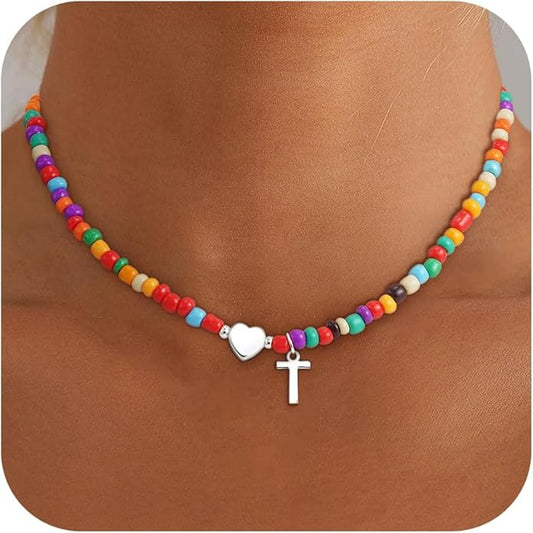 Colorful Initial Necklaces for Girls Women Kids - Teen Girls Gifts Trendy Stuff Beaded Initial Necklace Dainty Letter Choker Necklace for Girl Gifts Jewelry