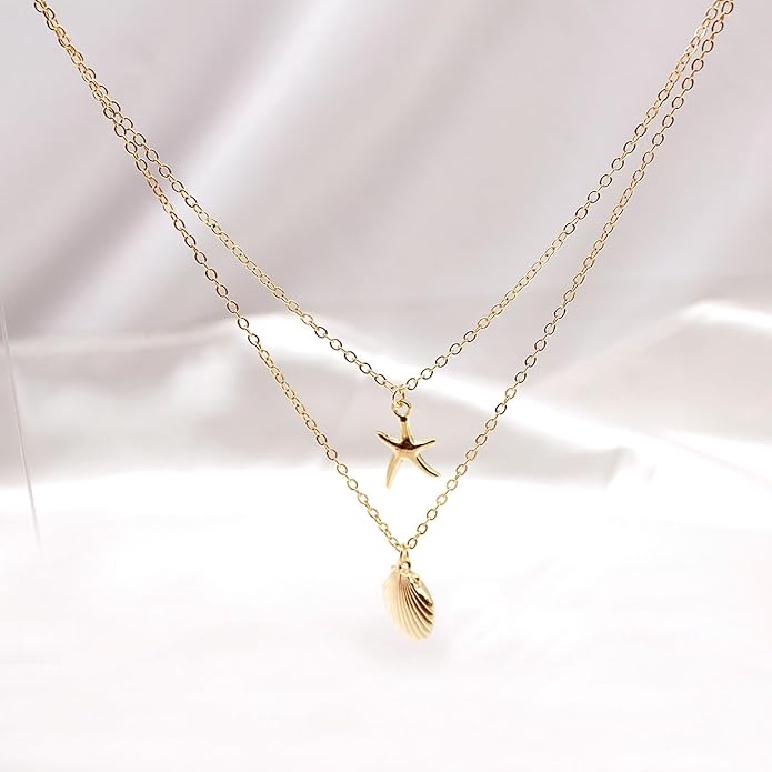 Gold Starfish Necklace for Women Beach Jewelry Accessories Sea Shell Beach Necklace Layered Starfish Pendant Beachy Ocean Necklaces Boho Cowrie Seashell Summer Necklaces Jewelry Gifts Trendy Stuff