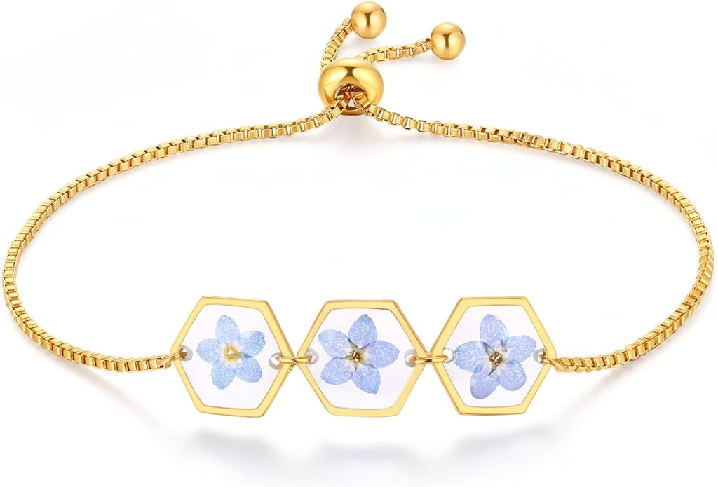 Forget-Me-Not Pressed Wildflower Bracelet | Pressed Flower Bracelet | Gold/Silver Pressed Flower Jewelry | Personalized Handmade Jewelry | Gift For Women