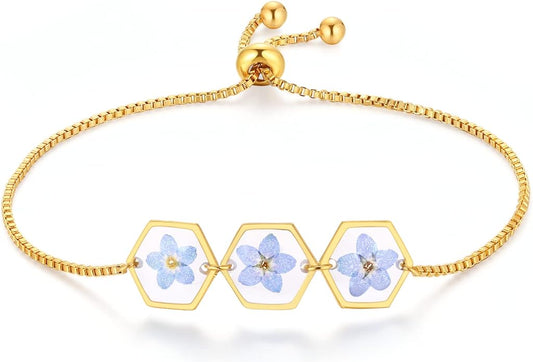 Forget-Me-Not Pressed Wildflower Bracelet | Pressed Flower Bracelet | Gold/Silver Pressed Flower Jewelry | Personalized Handmade Jewelry | Gift For Women