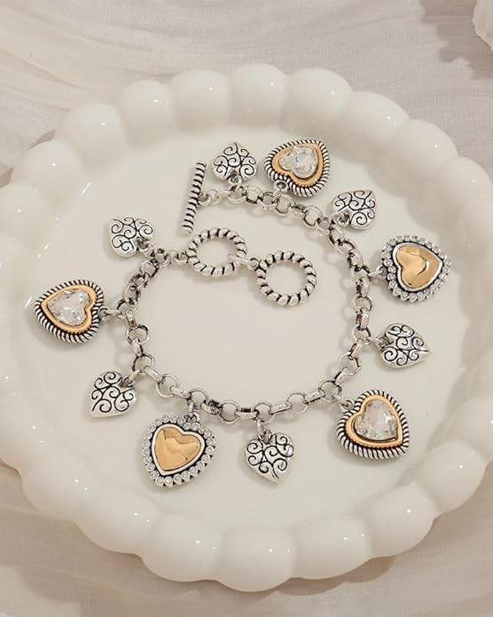 MYCUTEY Two Tone Heart Charm Bracelet for Women, Adjustable Cute Silver Chain Bracelets with Heart Charms, Trendy Love Bracelet for Daily Wear Mixed Metal Jewelry Valentines Day Gift