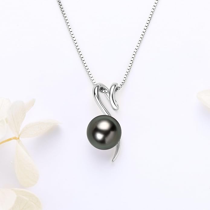 Tahitian Black Pearl Necklaces for Women, Sterling Silver Single Pearl Pendant Necklace Birthday Anniversary Jewelry Gifts for Wife Mom