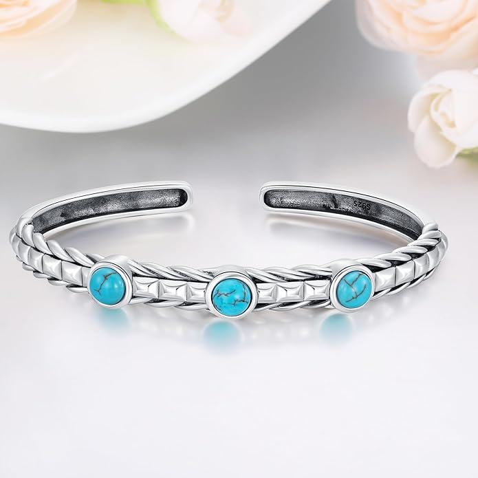 Genuine Turquoise Bracelet Bangle, Sterling Silver 3 Gemstone Native American Western Jewelry for Women, Fit for 6.5 7 7.5 Inches