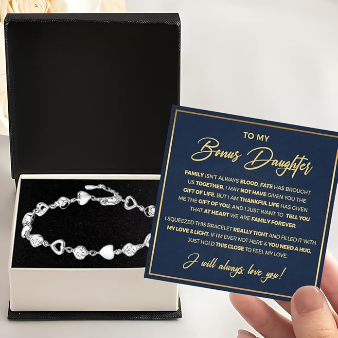 To My Bonus Daughter Heart Bracelet Gift, Beautiful Bonus Daughter Jewelry From Step Mom Dad With Message Card and Box Meaning, Christmas Graduation Birthday Gifts, To My Stepdaughter Bracelet
