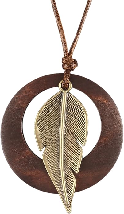 Long Boho Necklaces for Women Vintage Leather Wooden Pendant Y Choker Ethnic Style Gold Circle Hippie Sweater Necklace