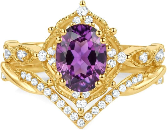 Oval Cut Vintage Gemstone Engagement Rings set for Women S925 Sterling Silver/10K/14K/18K Gold Birthstone Promise Anniversary Bridal Set Ring for her