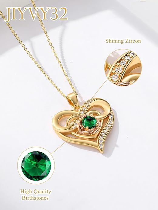 Infinite Heart Birthstone Necklaces for Women Gold Plated Pendant Wedding Anniversary Birthday Gift for Wife Her Mom Grandma Daughter Jewelry with Round Birthstone