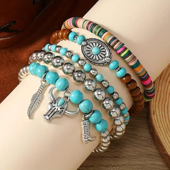 ONLYJUMP Bohemian Mix Bead Multi Layer Versatile Bracelets Set Boho Turquoise Stackable Beaded Strand Stretch Bangles Bracelets Statement Bangle Boho Jewelry Set