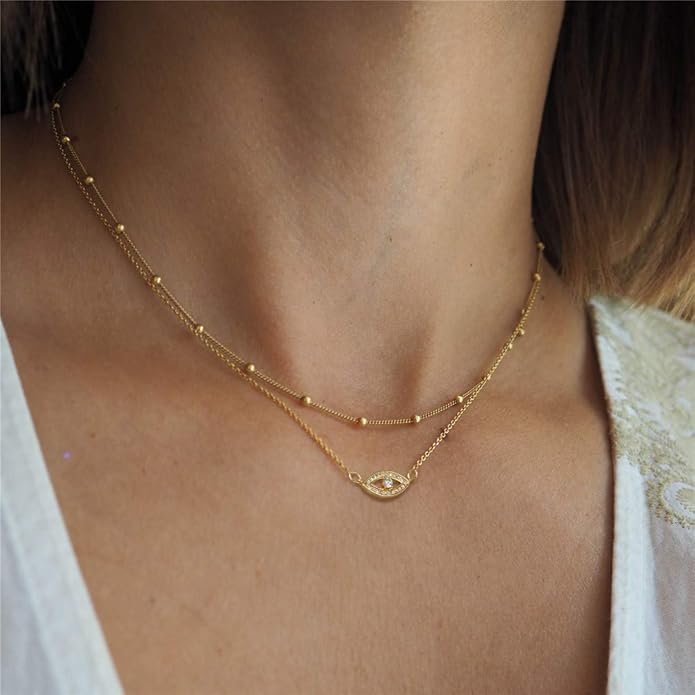 Turandoss Dainty Layered Choker Necklace, Handmade Y Pendant Necklace Multilayer Bar Disc Necklace Adjustable Layering Choker Necklaces for Women