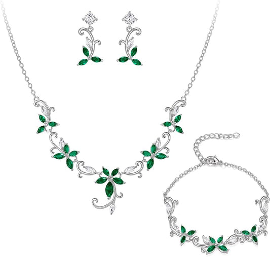 Crysdue Flower Leaf Wedding Jewelry Set for Bridal Bridemaid, Cubic Zirconia Teardrop Elegant Silver/14K/Rose Gold Plated Vine Necklace Dangle Earrings for Prom Party