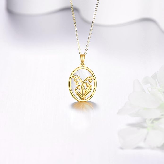 14K Gold Lily of the Valley Necklace with Mother of Pearl 14K Solid Gold Lily Pendant Elegant Flower Jewelry Gift for Women