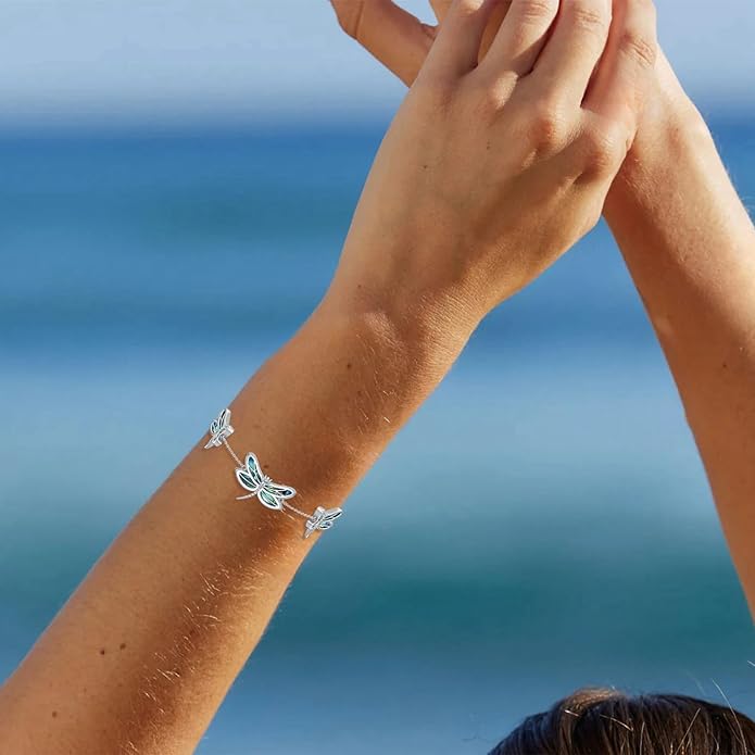 Dragonfly Abalone Bracelet 925 Sterling Silver, Adjustable Bohemian Bracelets, Genuine Abalone Shell Jewelry Birthday Gift for Her