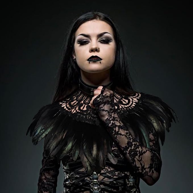L'VOW Real Black Feather Harness Lace Collar Necklace Bib Halloween