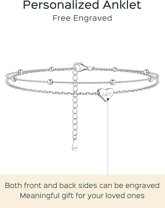 ChicSilver Sterling Silver Anklets for Women 925 Ankle Bracelets for Women Layered Heart Anklet With Beaded Anklets for Women