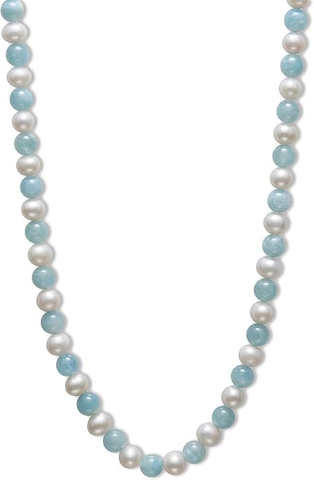 Belacqua Sterling Silver Cultured Freshwater Pearl and Natural Aquamarine Necklace, 18"