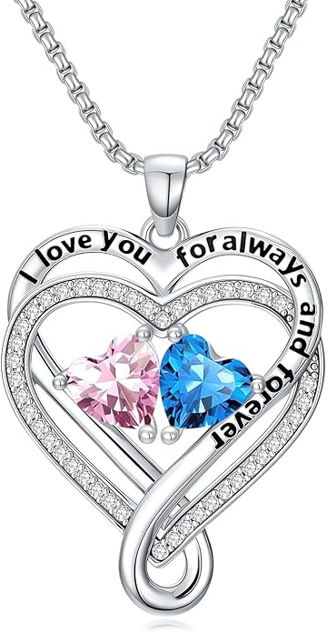 I Love You for Awlays and Forever Double Heart Necklace with Birthstone, 2 Birth Stone Jewelry Anniversary Valentines Mothers Day Christmas Birthday Gifts for Women Her Wife Girlfriend Mom Mother
