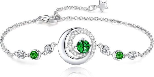 FANCIME Birthstone Bracelets 925 Sterling Silver Moon and Star Bangle Charm Bracelet Fine Jewelry Birthday Anniversary Christmas Day Gift for Her Women, Adjustable Chain 6.7"+1.2" Extend