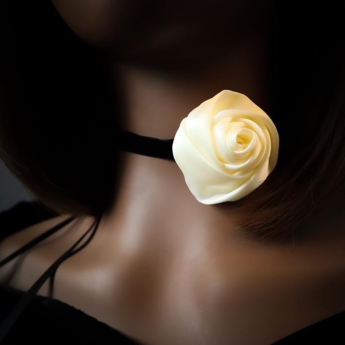 Black Choker Camellia Flower Lace-up Necklace For Women