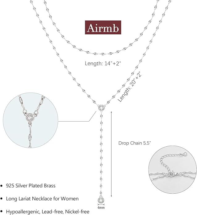 Lariat Silver/Gold Necklace for Women 925 Silver/14K Gold Plated Dainty Long Necklace Y-Shaped Drop Pendant Necklaces Choker Trendy Chain Simple Layered Necklaces CZ Jewelry for Women Set Gift