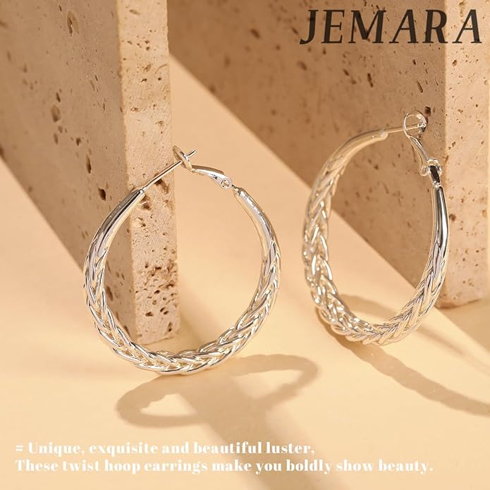 Silver Hoop Earrings for Women Trendy Hypoallergenic 925 Sterling Silver Post Hoop Earrings Lightweight Thick Twisted Large Silver Hoop Earrings 30/40/50MM