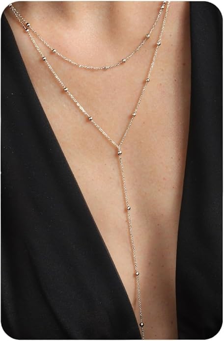 Magitaco Lariat Necklace for Women, 18K Gold Plated/Silver Color Dainty Long Necklaces for Women Layered Y-Necklace, Drop Beaded Sequined Chain for V-Neck, Elegant Wedding Guest Jewelry