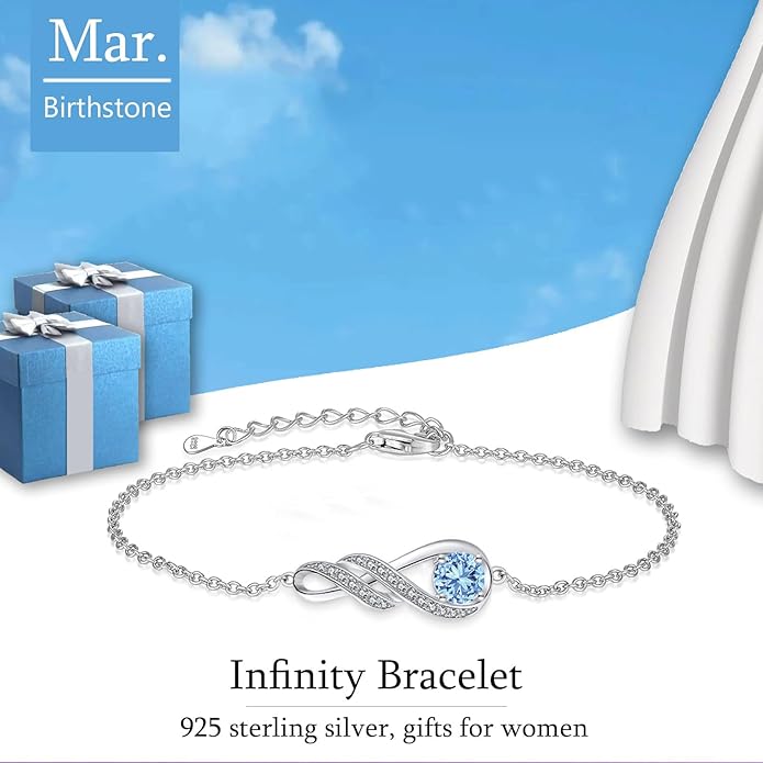 Birthstone Bracelets for Women 925 Sterling Silver Created Gemstone Bracelet Infinity Pendant Jewelry for Her, 6.7"+1.2"
