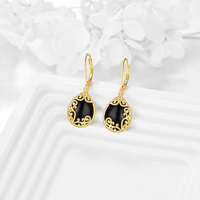Filigree Earrings Sterling Silver Teardrop Moonstone Moss Agate Lapis Lazuli Larimar Emerald Peridot Opal Dangle Dangly Drop Leverback Earrings Boho Jewelry Gifts for Women