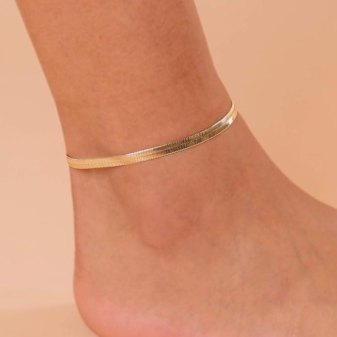 PAVOI 14K-18K Gold Plated Charm Link Flat Gold Anklets for Women | Beaded Marina Link Mariner Paperclip Snake Chain Jewelry Anklets