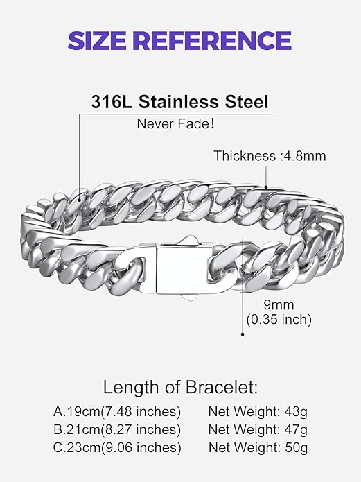 Richsteel 5/7/9/12mm Wide Miami Cuban Link Chain Bracelet for Men Women,Stainless Steel/Gold/Black Plated,7.4/8.2/9 Inch Length,Hip Hop Urban Street-wear Jewelry(Gift Wrapped)