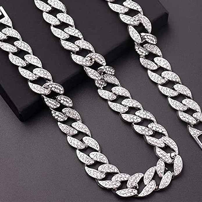 EMESLY Miami Cuban Link Chain 14K Gold Plated Necklace (16, 18, 20, 22, 24, 30 Inches Length); Hip Hop Bracelet (8" Length) for Men & Women; Perfect Iced Out Bling Jewelry Gift