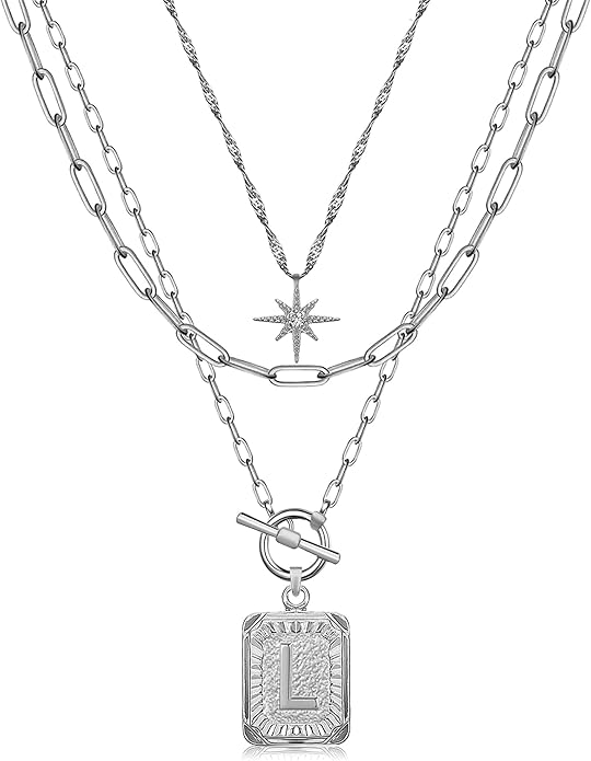 MJartoria Layered Initial Necklaces for Women Trendy, 14K Gold Plated Brass Simple Star Choker Square Letter Pendant Necklace, Paperclip Chain Necklaces Jewelry Gifts
