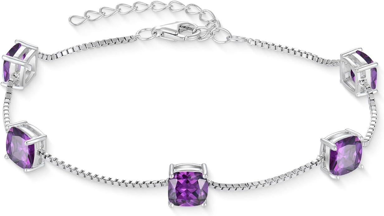 Birthstone Bracelet for Women 925 Sterling Silver Dainty Princess Cut Link Bracelet Jewelry Gifts for Her