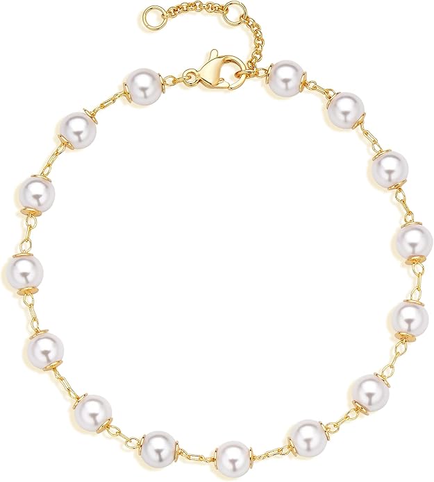 LOYATA Chain Bracelet Gold Link 14K Gold Plated Dainty Pearl Bracelet Simple Jewelry Gift for Women