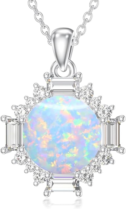Vintage Opal Necklaces for Women Platinum Plated Silver White Opal Pendant October Birthstone Jewelry, 18''-20''