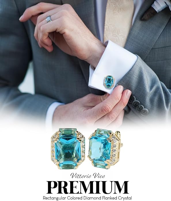 Rectangular Colored Diamond-Flanked Crystal Cuff Links – Tuxedo Suit Accessories, Cufflinks for Men