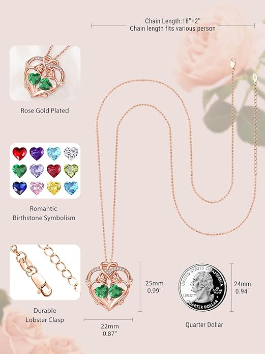 Rose Gold Necklaces for Women Double Birthstone Rose Flower Heart Pendant Necklace Jewelry Anniversary Christmas Valentine's Mother's Day Birthday Gift for Wife Mom Her Girlfriend Sister
