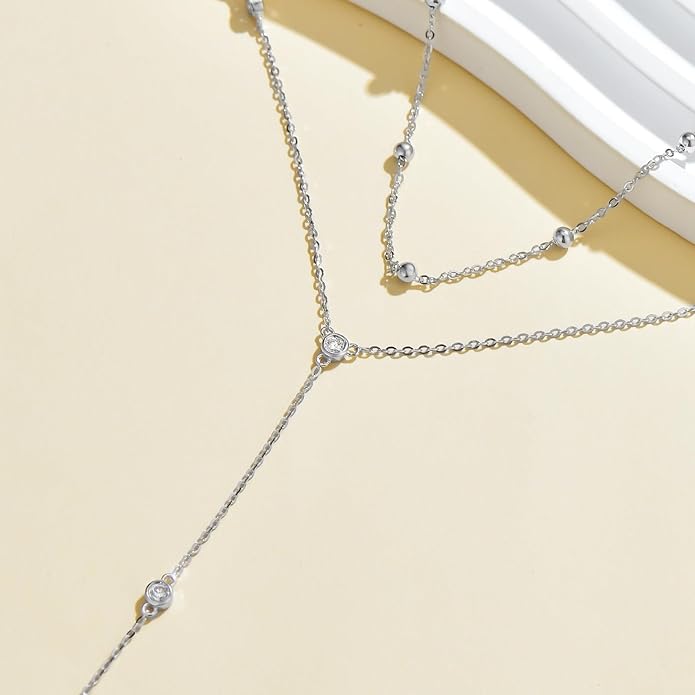 Diamond Station Layered Lariat Necklace for Women 925 Sterling Silver Layering Y-Shaped Chain Necklace with Lab Grown Diamond Jewelry Gifts 0.3 CTTW D Color VVS Clarity, 14 inch + 16 inch Chain