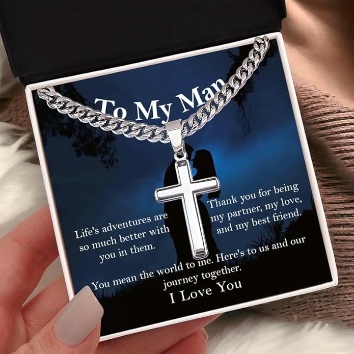 SUTERY Cross Cuban Chain Necklace - Promise Necklace for Him, Necklace for Boyfriend, Mens Necklace for Fiance, Valentine's Day