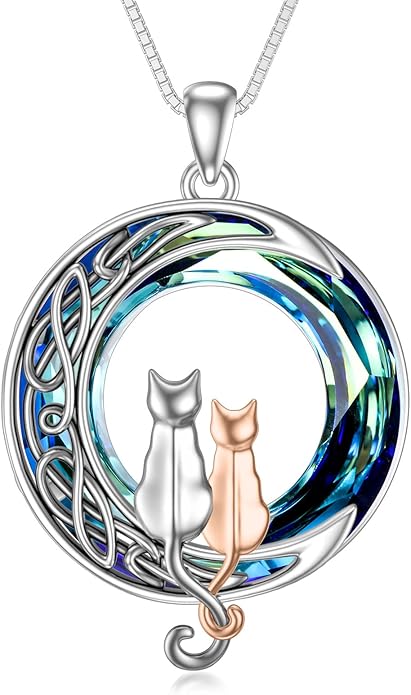 TOUPOP Christmas Cat Gifts for Cats Lovers One Two Three Four Cats Necklace Sterling Silver Cats on the Moon Pendant Necklace with Blue Circle Crystal Birthday Christmas Celtic Jewelry Gifts for Women