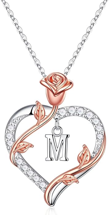 Rose Heart Initial Necklace Gifts for Women Girls, Letter Pendant Necklaces for Women Jewelry Anniversary Birthday Gifts for Her Wife Girlfriend Teen Girls