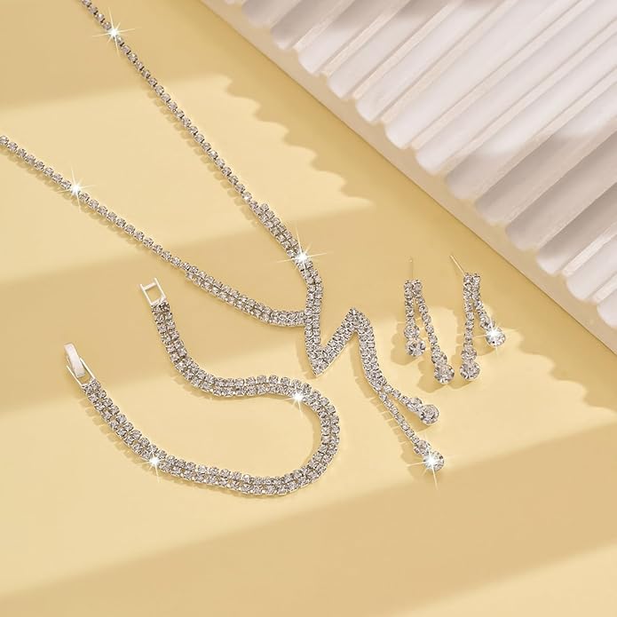 MIFYNN Rhinestone Wedding Set for Women Sparkle Crystal Earrings Necklace Bracelet Jewelry Set Wedding Party Prom Jewelry Set for Brides Bridesmaid