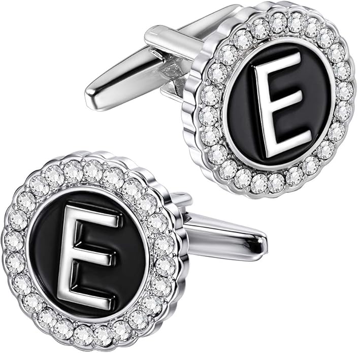 HAWSON A-Z Initial Cufflinks for Men and Women with Clear Crystal, Gold Silver Color Rasied Letter A-Z Cuff Links for French Shirt, Gift for Normal and Business Wearing