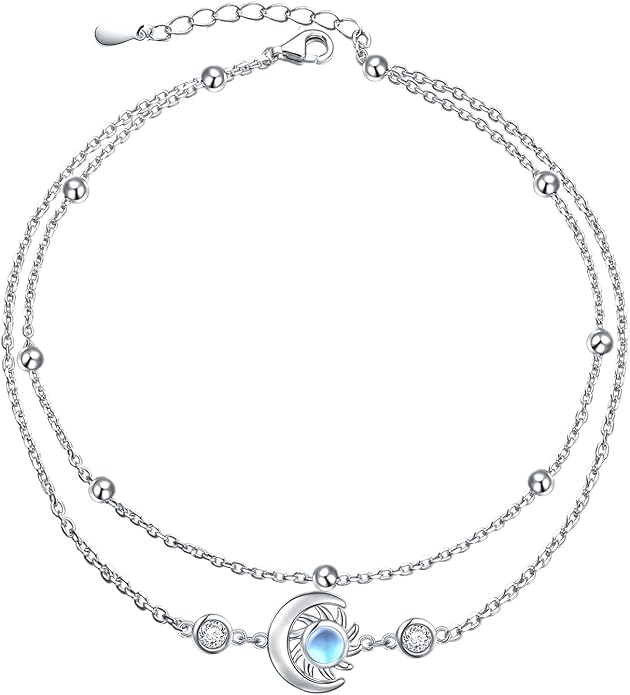Anklets for Women 925 Sterling Silver Charm Layered Simulated Opal/Moonstone/Daisy/Infinity Summer Beach Ankle Bracelet Foot Chain Jewelry Birthday Valentine's Day Mother's Day Gift
