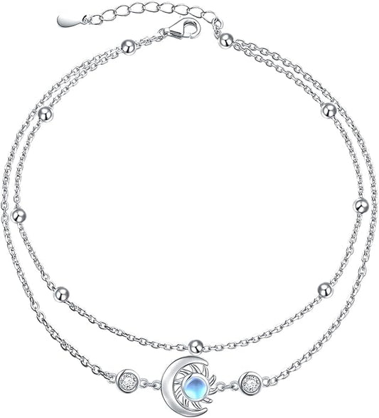 Anklets for Women 925 Sterling Silver Charm Layered Simulated Opal/Moonstone/Daisy/Infinity Summer Beach Ankle Bracelet Foot Chain Jewelry Birthday Valentine's Day Mother's Day Gift